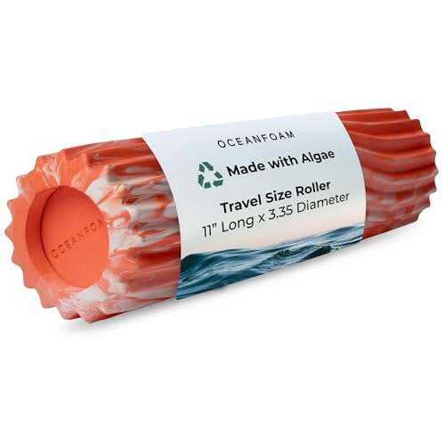 Oceanfoam Ripple Travel Foam Roller (11" x 3.35") Firm Mini Foam Roller for Physical Therapy, Deep Tissue Massage, Back Pain - High Density, Ergonomic Wave Textured - Yoga, Exercise (Orange Marbled)