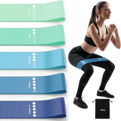 Bundle Set of 8 Resistance Bands for Workout, 5 Latex Exercise Bands and 3 Fabric Booty Bands with 2 Portable Bags