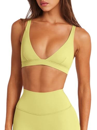 LASLULU Womens Deep V-Neck Sports Bra Padded Low Impact Yoga Workout Bra - color: Lemon Yellow, size: X-Small