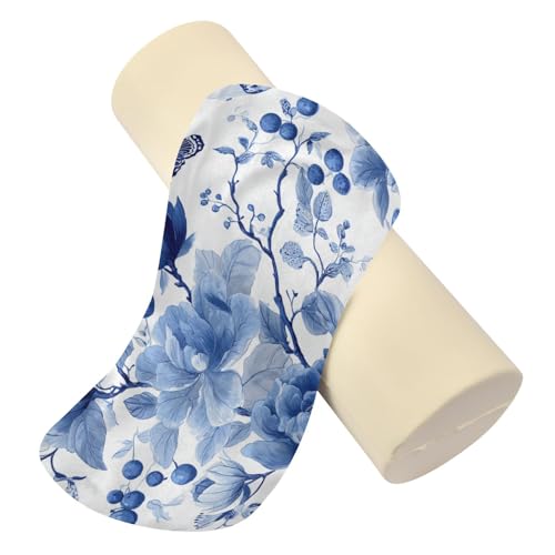 Blue White Flower Neck Roll Pillow Bolster Round Health Memory Foam Long Cervical Roll Cylinder Pillows with Removable Washable Cover for Body Bed Legs Back Yoga - color: Blue and White 35