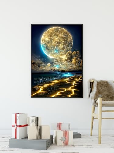 Moon Diamond Painting Kits for Adults, Beach Diamond Art Kits for Adults | Moonlight Beach Diamond Art Painting Kits for Adults Beginners, DIY Full Drill Paint by Diamond Dots Gem Art 12x16 Inch - color: Moon