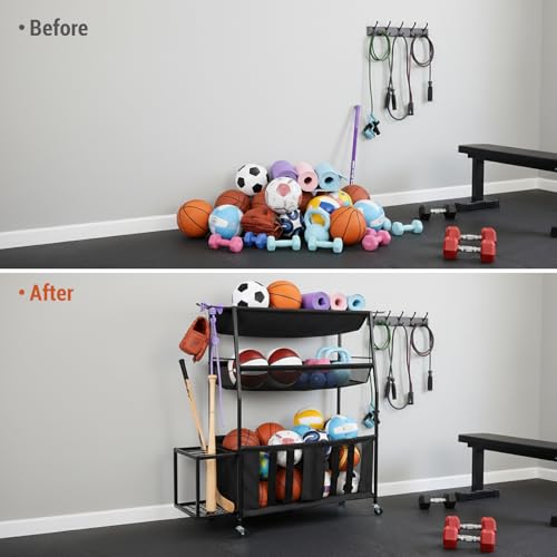 MyGift 3 Tier Sports Equipment Organizer Rolling Ball Storage Rack w/Hooks
