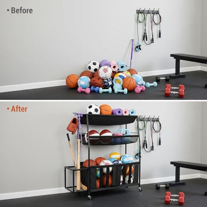 MyGift 3 Tier Sports Equipment Organizer Rolling Ball Storage Rack w/Hooks