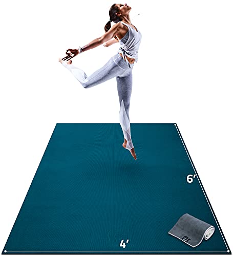 Gorilla Mats Large Yoga Mat – 6'x4', 7'x5' (8mm) Extra Thick & Wide Non-Slip Exercise Mat for Home Gym Flooring – Ultra Comfortable Workout Floor Mat for Barefoot Fitness, Anti Fatigue, Stretching - color: Oasis Blue Mat with Gray Towel, 2 Storage Straps