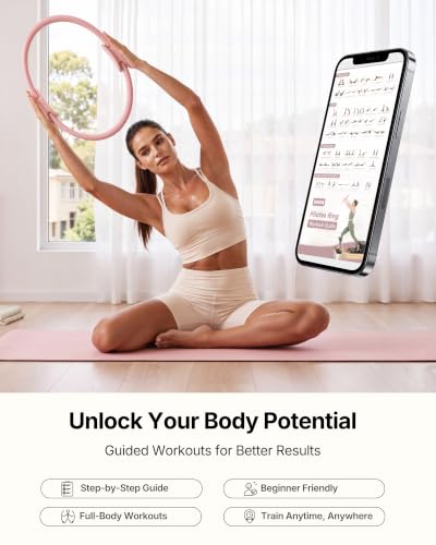 PAETA Pilates Ring Set – 14” Magic Circle (38 lbs Resistance), 9.8” Pilates Ball, 5 Resistance Bands, and Exercise Guide Included for Home Workouts - color: pink