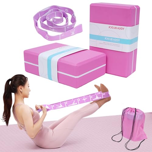 Yoga Blocks 2 Pack with Elastic Stretch Band & Bag – High Density Foam Yoga Blocks for Stability, Deep Stretching & Balance, 12-Loop Resistance Strap for Yoga, Pilates, Dance & Flexibility Training - color: Pink+Purple