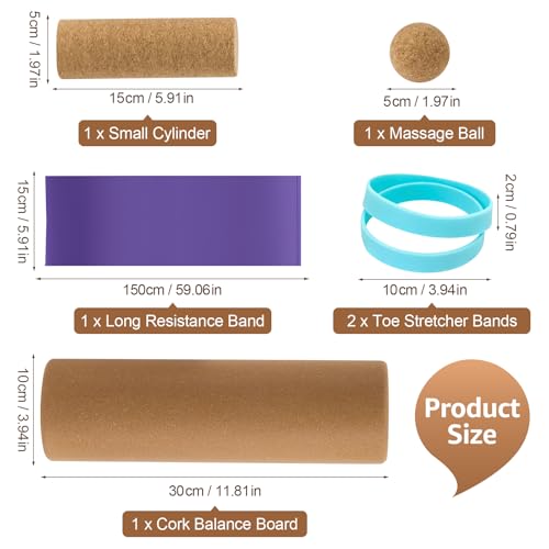 Natural Cork 5 in 1 Balance Board Kit, Foot & Ankle Strengthener with Massage Roller, Ball, Toe & Yoga Resistance Bands, Balance Trainer for Stability, Foot Strength, Pain Relief & Home Fitness