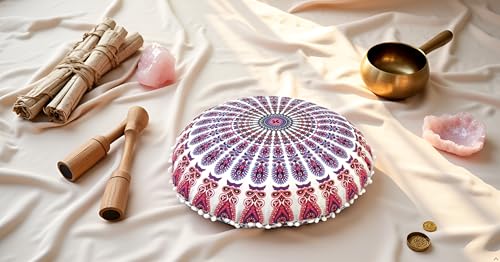CRAFT KALA 32" Large Round Bohemian Floor Pillow Cover Boho Pouf Cover Mandala Meditation Room Pillows Cover Adults Seating Poufs Cushion Cover for Kids Reading Playroom New Pink Mirchi - color: New Pink Mirchi