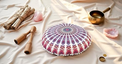 CRAFT KALA 32" Large Round Bohemian Floor Pillow Cover Boho Pouf Cover Mandala Meditation Room Pillows Cover Adults Seating Poufs Cushion Cover for Kids Reading Playroom New Pink Mirchi - color: New Pink Mirchi