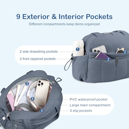 TOPDesign Travel Duffel Bag for Women, Puffer Gym Bag Sports Tote with Wet Pocket, Carry On Weekender with Luggage Sleeve (Blue Grey) - color: Blue Grey