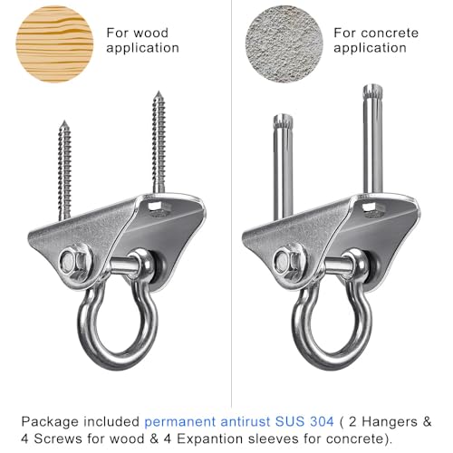 SELEWARE Heavy Duty Swing Hanger Stainless Steel Ceiling Swing Hooks 2 Pack | 180° Swivel Ceiling Mount Swing Hardware for Porch Swing Set Hammock Chair Heavy Bag Yoga Silk 1000 LB Capacity - color: 180° Swing Hanger ( 2 Pack )