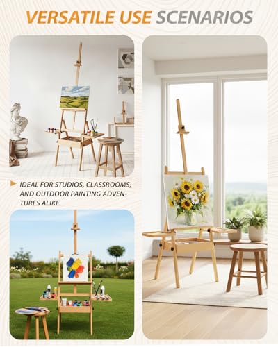 Painting Art Easel with Storage, 57"-72" Height Adjustable Easel Stand | Foldable beech wood easel with drawer trays,H-frame artist easel stand for painting,Wooden floor easel holds canvas up to 36" - color: Natural Wood
