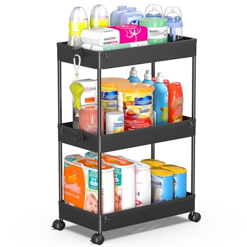 SPACEKEEPER 3 Tier Rolling Cart, Bathroom Cart Organizer with Wheels, Black | Mobile Storage Cart for Laundry Room Organization,Kitchen,Office,Bathroom, Utility Cart for Snack,Craft,Art,Makeup,Nail,Toys - color: Black, size: 3 Tier