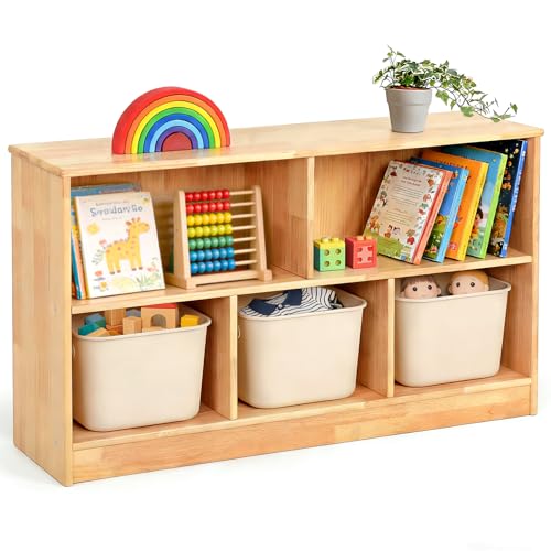 WINGYZ Rubber Wood Montessori Bookshelf, 5-Section Wooden Storage Cabinet - size: 43.3"D x 11.8"W x 23.6"H