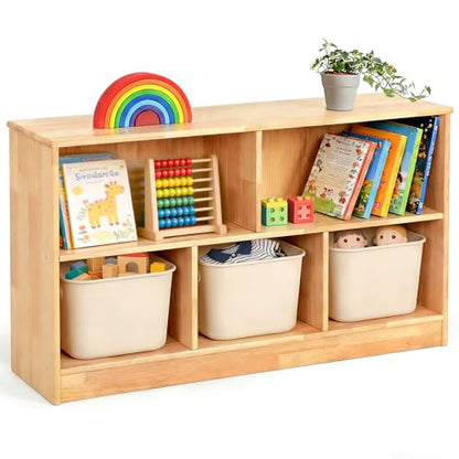 WINGYZ Rubber Wood Montessori Bookshelf, 5-Section Wooden Storage Cabinet - size: 43.3"D x 11.8"W x 23.6"H