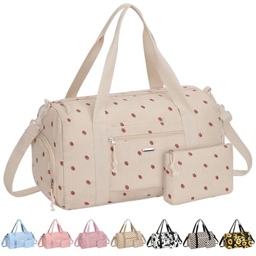 Vankor Gym Bag for Women, 17.5 inch Sports Duffle Bag with Shoe Compartment - color: Beige Corduroy Strawberry