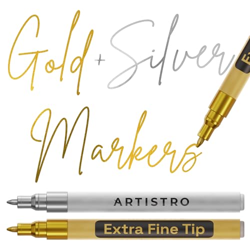 ARTISTRO Gold & Silver Acrylic Paint Markers - 0.7mm Extra Fine-Tip - 2 Set | Metallic Paint Pens, Perfect for Crafting, Art Projects, & More - color: Gold & Silver, style: Extra Fine