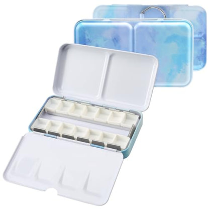 Blue Metal Watercolor Tin Palette - Empty w/ Paint Tray & 14 Half Pans - Robust & Functional - Perfect for Plein Air & Studio Painting - style: Far Mountain
