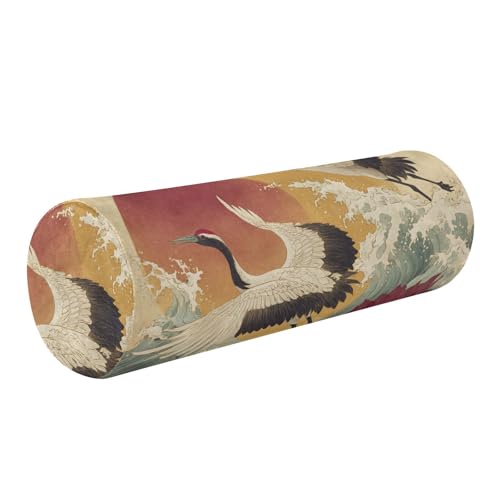 Bolster Pillow Neck Pillow Round Soft Health Memory Foam Pillows Long Cylindrical Body Pillow with Removable Cover Cute Back Yoga Cranes Sunset and Red Lotus 17" x 5.5" - color: Cranes Sunset and Red Lotus