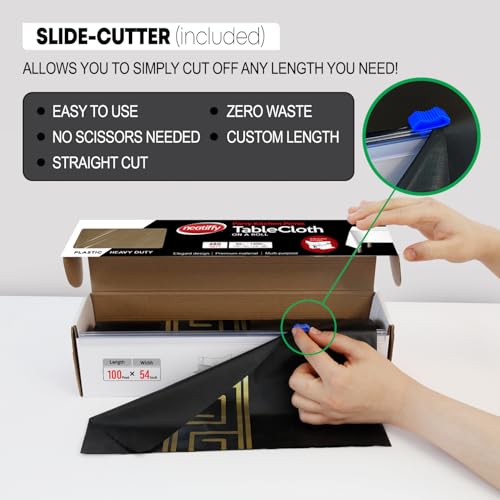 Neatiffy Disposable Plastic Table Cloth Roll with Slide Cutter | Waterproof Cover for Rectangle, Square, Oval Tables | Picnic, Party, Banquet, Weddings - Black with Gold Design - color: Black Golden Design, size: 54 inches X 100 feet