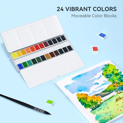 Travel Watercolor Paint Set, Watercolor Set Includes 24 Colors Solid Watercolors + 7.5x7.5 inch 100% Cotton Watercolor Paper(20 Sheets) + 1 Watercolor Brush + Green Double Layer Organizer - style: 24 Colors Watercolor Kit