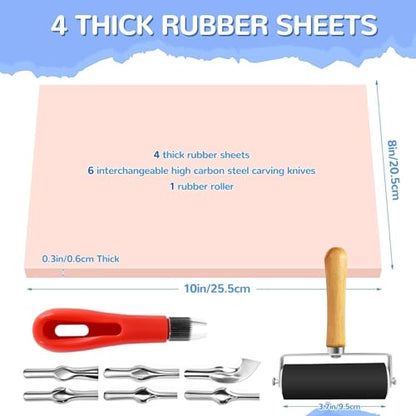 4 Pack Pink Rubber Stamp Carving Blocks, 8"x10" (0.6cm Thick) with Tools Kit, Soft Rubber Linoleum Block for Craft Project DIY Stamp Making Supplies for Artists, Beginners - size: 8"x10"