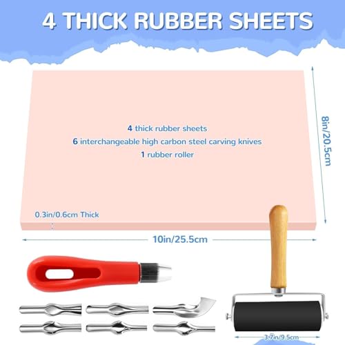 4 Pack Pink Rubber Stamp Carving Blocks, 8"x10" (0.6cm Thick) with Tools Kit, Soft Rubber Linoleum Block for Craft Project DIY Stamp Making Supplies for Artists, Beginners - size: 8"x10"