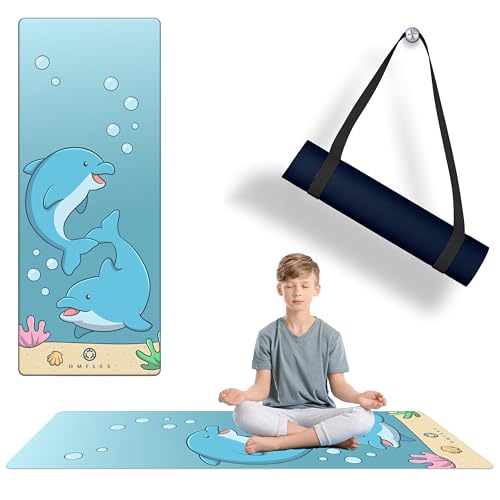 Kids Yoga Mat with Carrying Strap – 60"x24" Non-Slip Premium Exercise Mat for Kids, 3mm Thick Non-Toxic, PVC-Free Play Mat for Children, Dolphin, Car & Supergirl Designs - color: Dolphin