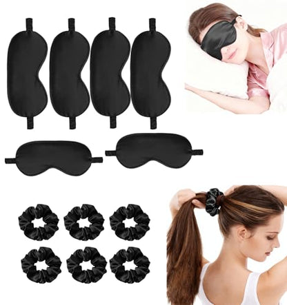 12Pcs Silk Sleep Masks Satin Eye Mask Silky Eyes Cover Blindfold Eyeshade Hair Ties Scrunchy Travel Bridesmaids Gifts - color: Black