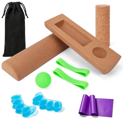 Balance Board for Ankle Stability Training, Cork Wobble Board Set with Foot Massage Roller and Resistance Band for Home Office Gym, Exercise Equipment for Physical Therapy and Yoga