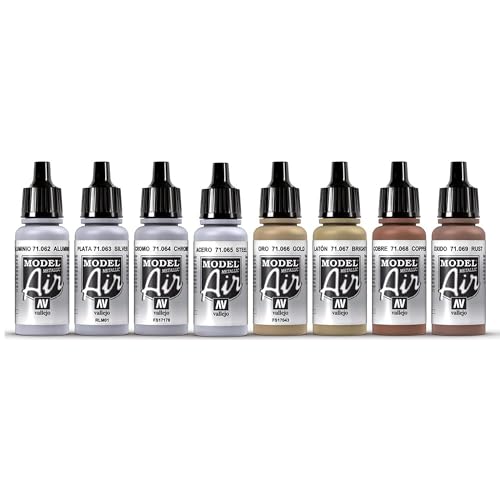 Vallejo Paints: Model Air Color Set - Metallic Effects - 16 Paint Colors - 18ml (.60oz) Bottles, Acrylics for Modeling & Miniatures, Opaque, Hobby