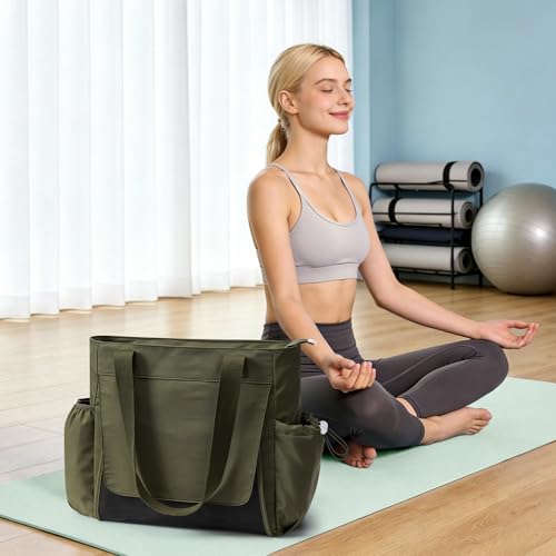 WLLWOO Thick Yoga Mat Bag Women Gym Tote Breathable Mesh Holder Wet Pocket | Carryall Lightweight Waterproof Shoulder for Pilates Travel Beach Workout Fitness Carrier - color: Army Green