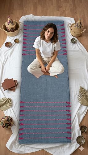 Indian Handmade 100% Organic Cotton Yoga Mat, Hand Woven Rug, Yoga Mat For Everyday Fitness at Home Comfortable Foldable Long Mat - color: Light Blue