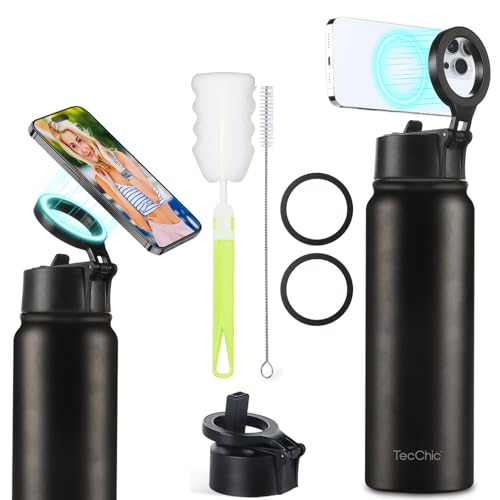 Insulated Water Bottle with Magnetic Phone Holder Compatible with MagSafe and iPhone,Double-Sided Magnet,Hot 12H Cold 24H,Stainless Steel Water Bottle Phone Mount for Sports Travel,27oz (Black) - color: Black
