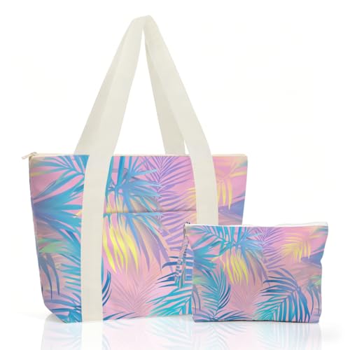 IAXIC Waterproof Tote Bag and Wet Bag Set, Summer Pattern Design for Beach Travel Gym Holiday Gifting - color: Pastel Tropical Palm Leaf