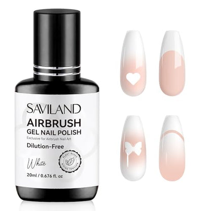 SAVILAND Hema-Free Airbrush Gel Nail Polish White Gel Nail Polish 20ML | Dilution-free Airbrush Paint for Nails,No Clogging, Non-Acetone, High Pigmented Colors Airbrush Polish, Ombre French Nail - color: A-White