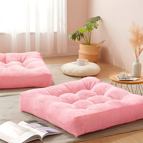 Floor Pillows Set of 2, Large Meditation Cushion for Adults, 22 Inch Square | Reading nook & office use, Tatami seating, Corduroy cover, 3.5 in thick, Shredded memory foam fill, Pink yoga pad - color: Square | Pink | 2 Pack, size: 2 Pack