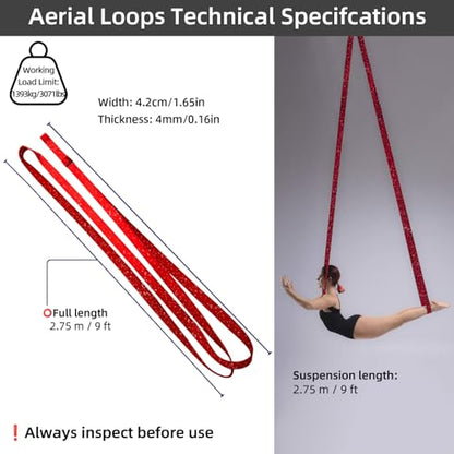 PRIOR FITNESS Aerial Loops Set,SGS Certified,9ft Yoga Straps Trapeze 2pcs - color: Glitter Red
