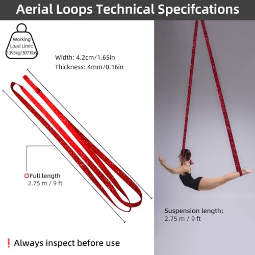 PRIOR FITNESS Aerial Loops Set,SGS Certified,9ft Yoga Straps Trapeze 2pcs - color: Glitter Red