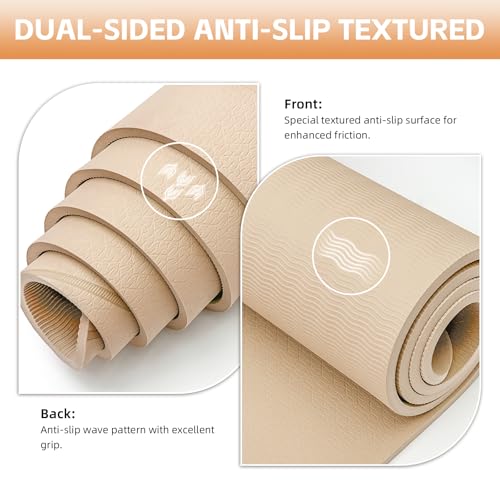 Large Yoga Mat Thick, 76"x32"x0.31"Wide POE Exercise Mat with Non-Slip Surface & Carry Strap, Anti-Tear Workout Mat for Yoga, Pilates, Fitness - color: Coffee Cream