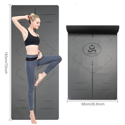 Natural Rubber Yoga Mat - Non Slip Non Toxic - 5mm Thick Yoga Mat for Hot Yoga/Pilates - Extra Large 26.8’’ with Alignment Guide - Sweat Proof - with Carrying Bag - color: Dark Grey