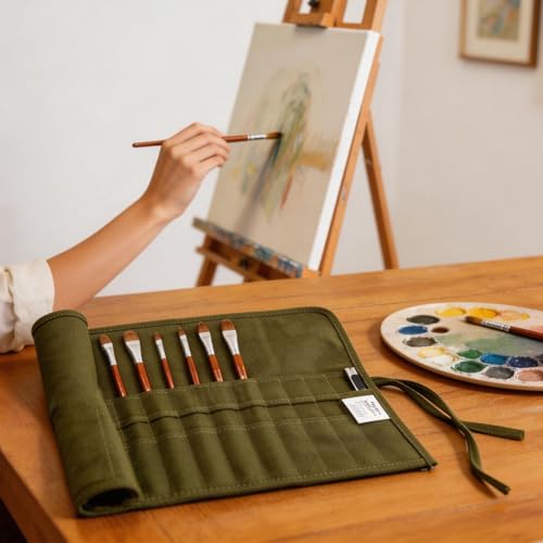 Green Canvas Paint Brush Holder Roll-up Case Bag, 22 Slots Pockets Carry Pouch Artist Brush Storage Organizer, 16.54" L x 12.99" W