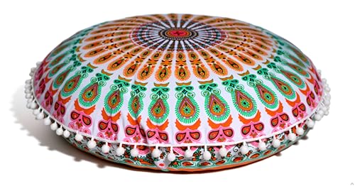CRAFT KALA 22 Inch Meditation Floor Pillow Cover Round Pillow Seating Hippie Decorative Adults Bohemian Mandala Cushion Cover Outdoor Living Room Throw Ottoman Poufs Cover 22", Musturd Mirchi - color: Musturd Mirchi, size: 22"