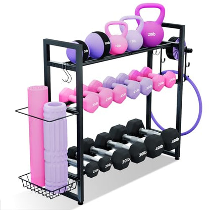 Weight Rack, 3-Tier Gym Organization for Home Gym with Shelf & Hooks