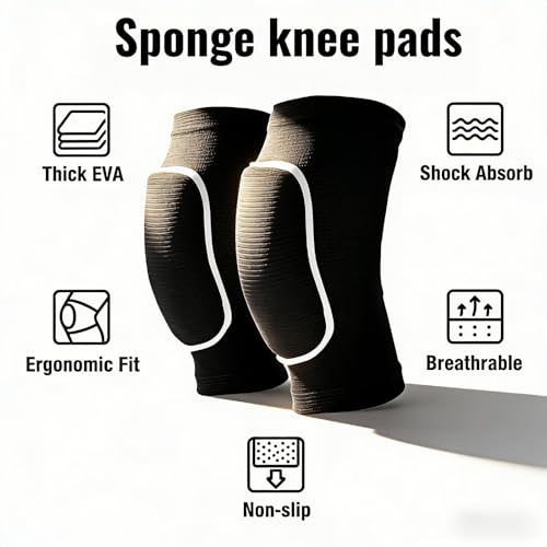 Knee Pads with Thick EVA Foam Cushion, Black, One Size Fits All, for Volleyball, rugby, Dance, Basketball, Soccer, Yoga, Running, 1 Pair