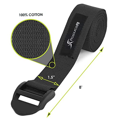 ProsourceFit Durable Cotton Cinch Buckle Yoga Strap for Stretching, Flexibility & Physical Therapy - color: Black