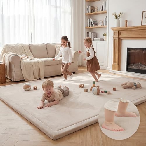 Baby Play Mat for Floor,1.3" Thick Elasti Foam Tummy Time Mat,79"×158“ Extra Large Soft Coral Velvet Nursery Rug,Non Slip Safe for Crawling,Toddlers,Infants,kids,Tatami Style for Living Room,Classroom,Playroom(Beige) - color: Beige, size: 158"×79"×1.3"
