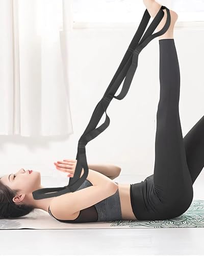10 Loop Yoga Stretching Strap for Physical Therapy - Non-Elastic Exercise Band for Pilates, Yoga, Stretching for Women & Men - color: Black