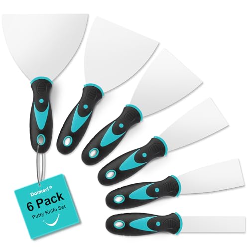 6 Pack Putty Knife, 1” 1.5” 2” 3” 4” 5” Spackle Knives, Premium Stainless Steel Paint Scraper, Perfect Tools for Repairing Drywall, Removing Wallpaper, Applying Mud Plaster