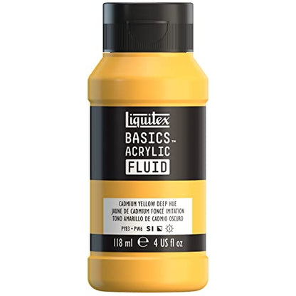 Liquitex Basics Acrylic Fluid Paint, 4-oz Bottle, Cadmium Yellow Deep Hue | Super Versatile, Fine Art Pigments; Fluid Consistency, Vibrant satin colors, Permanent, Lightfast, Water-Resistant Finish - color: Cadmium Yellow Deep Hue, style: 118ml (4-oz)